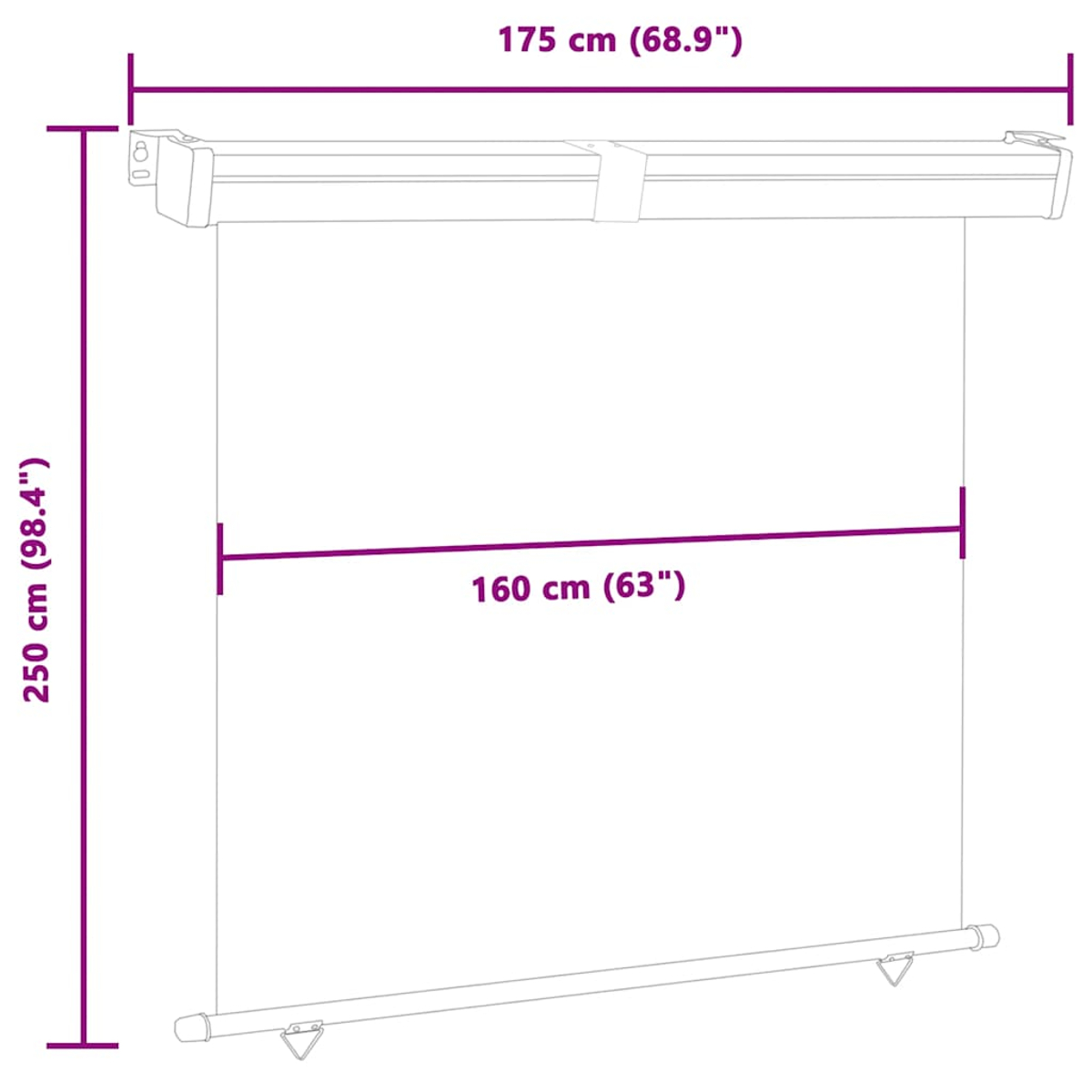 Ein Diagramm zeigt einen einziehbaren Bildschirm mit den Maßen: 175 cm breit und 250 cm hoch, 160 cm breit.