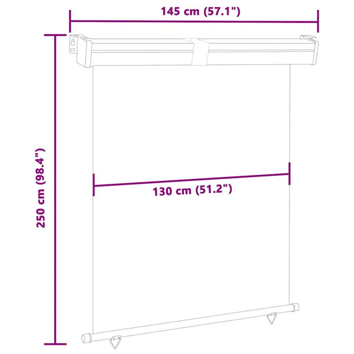 Rollo-Diagramm mit Abmessungen: 145x130x250 cm.