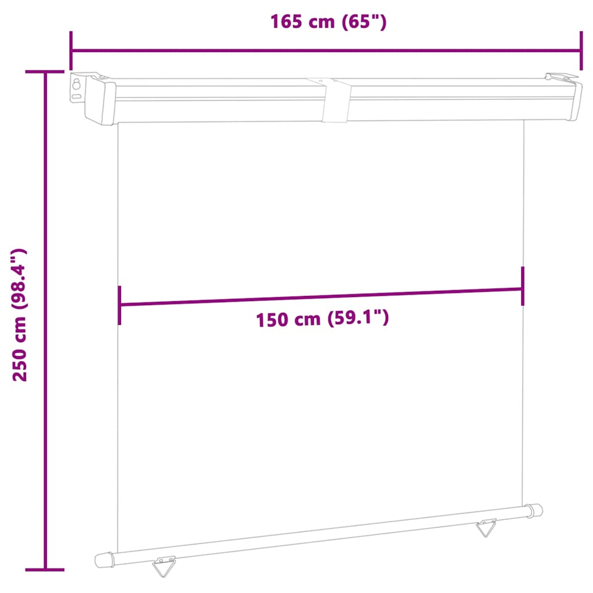 Weißer Bildschirm mit Maßen: 250 cm (98,4") hoch, 165 cm (65") breit, 150 cm (59,1") Bildschirm.