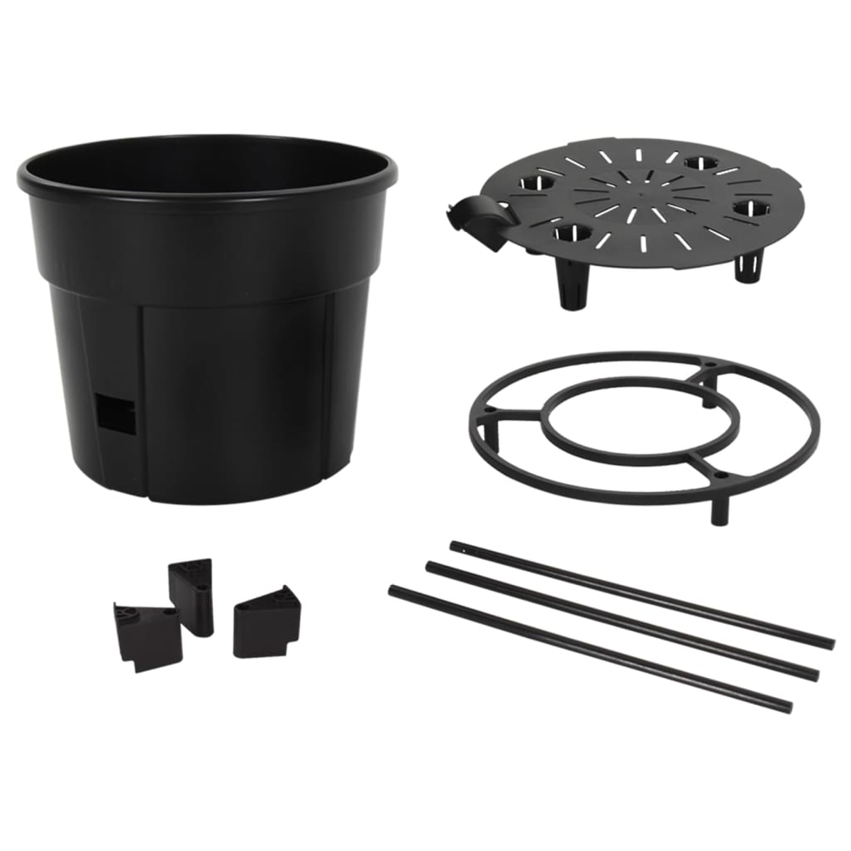 Schwarzer Pflanztopf mit Zubehör: Basis, Stütze und Clips.