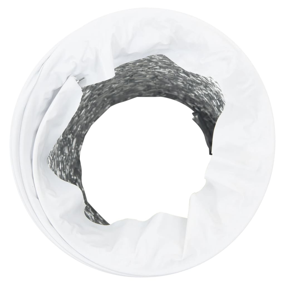 Ein weißer, flexibler, gewellter Lüftungskanal mit innerer metallischer Auskleidung.