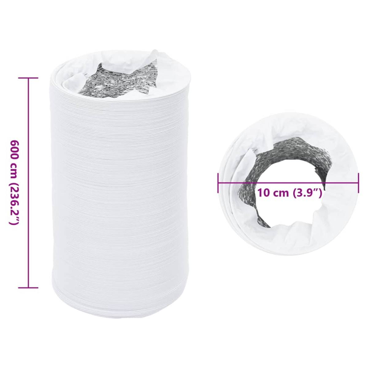 Weißer, flexibler, gewellter Lüftungskanal mit Maßangaben: 600 cm (236,2") und 10 cm (3,9").