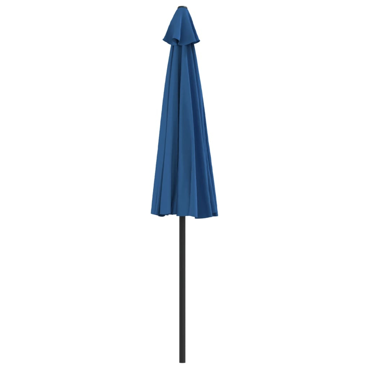 Ein blauer Regenschirm mit schwarzem Mast ist vor weißem Hintergrund geschlossen.