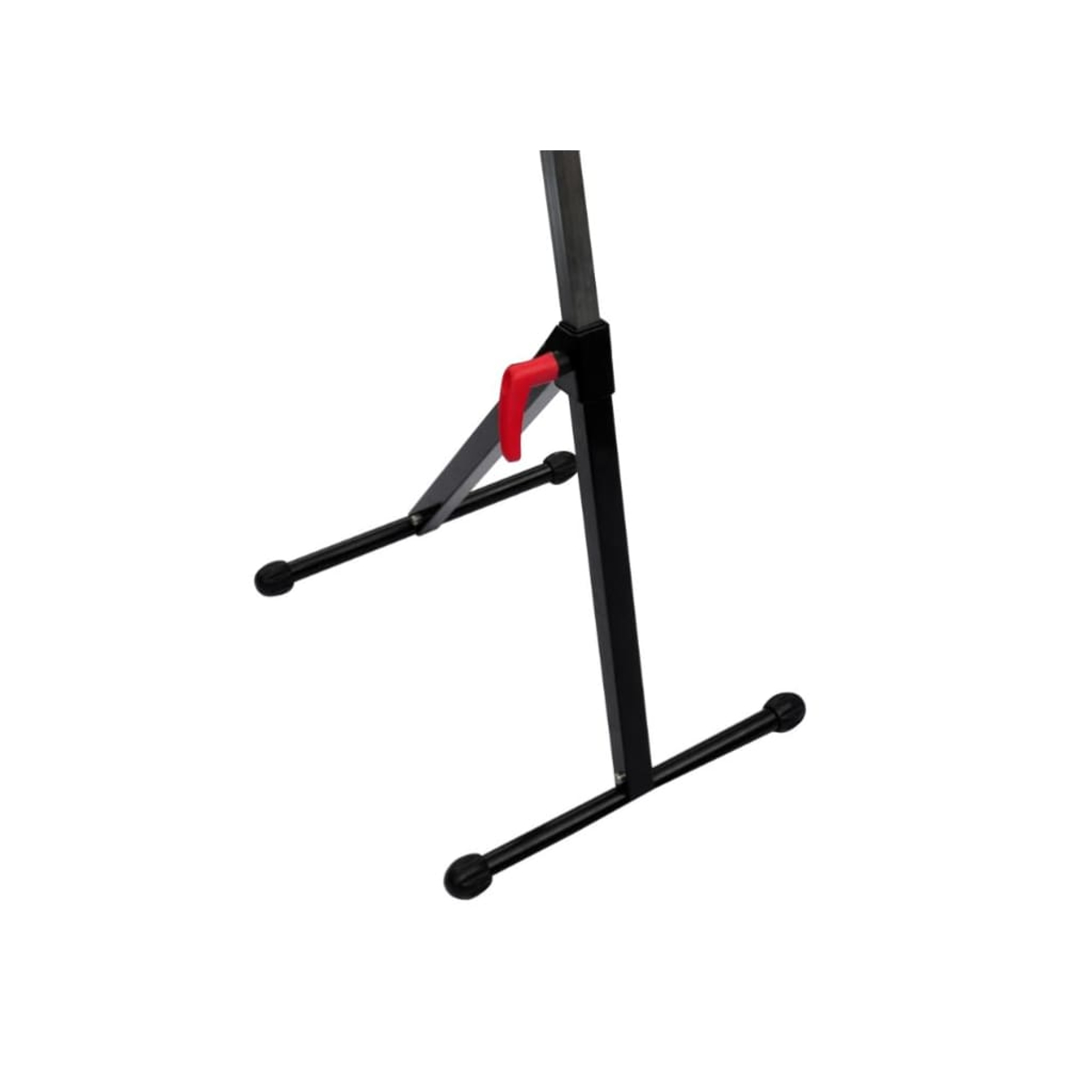 Un supporto per biciclette in metallo nero e argento con leva rossa. Sfondo bianco.