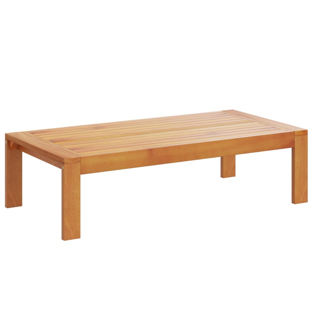 Tavolino in legno. Rettangolare, con gambe in legno marrone e piano a doghe.