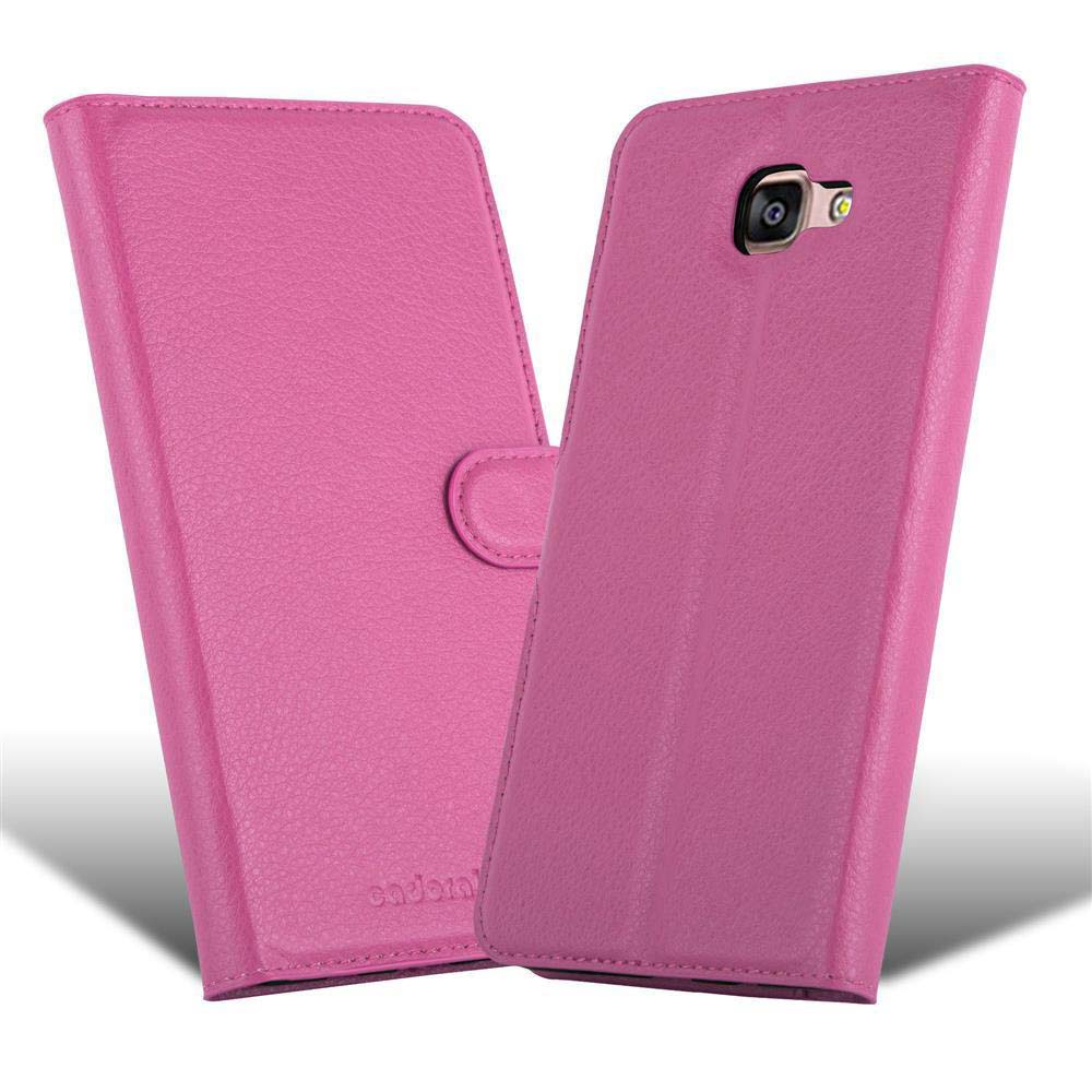 Custodia rosa chiusa. Il retro ha un pulsante per la fotocamera.