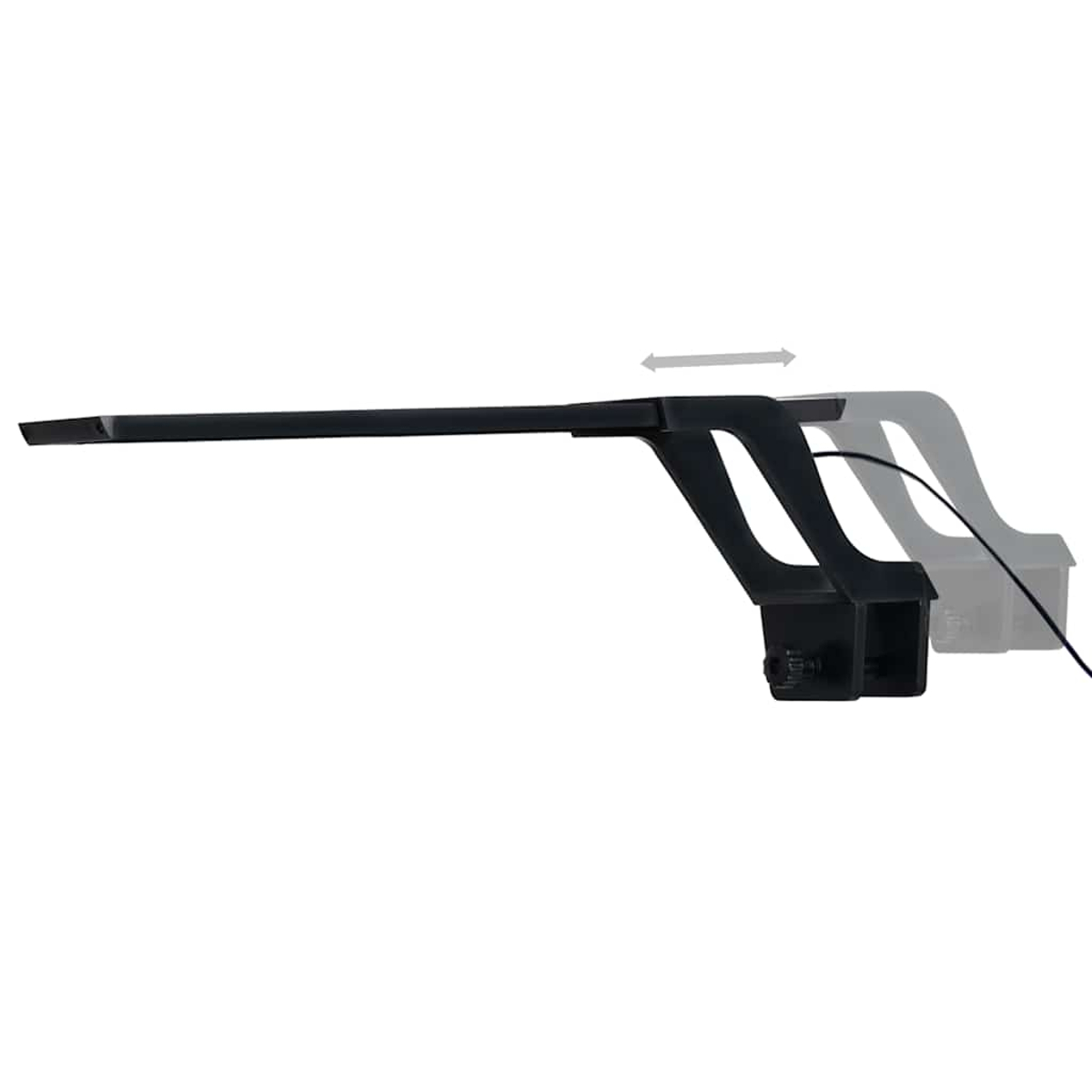 Eine schwarze Schreibtischlampe mit verstellbarem Arm. Das Licht ist ausgeschaltet.