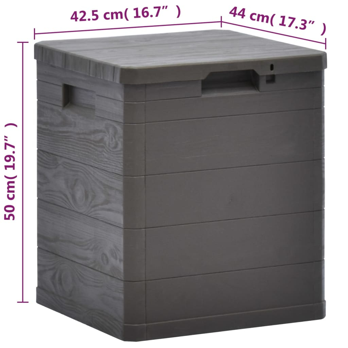 Graue Aufbewahrungsbox mit Deckel. Sie hat eine Holzmaserung. Weißer Hintergrund.