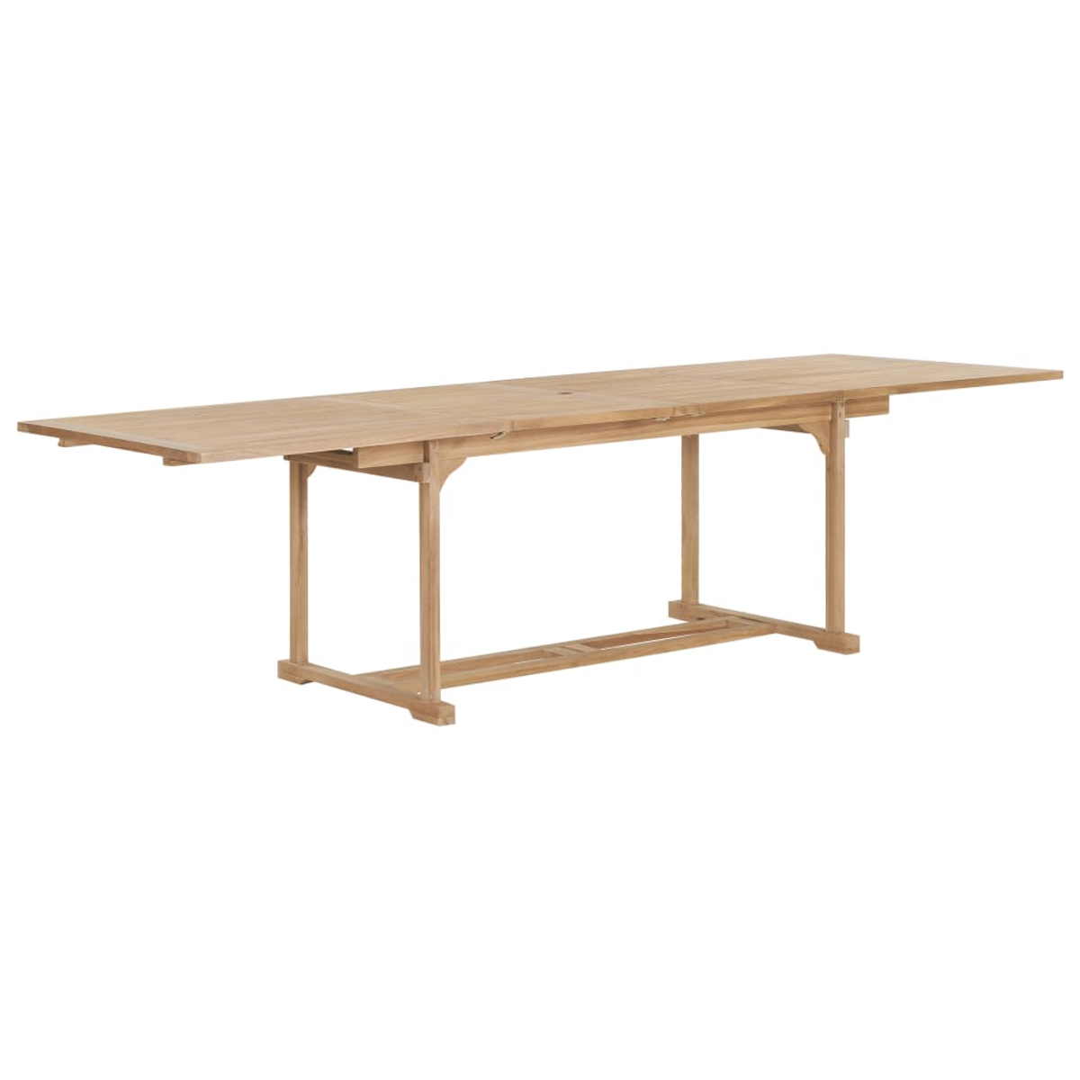 Ausziehbarer Holztisch, offen. Hellbraune Holzfarbe. Weißer Hintergrund.