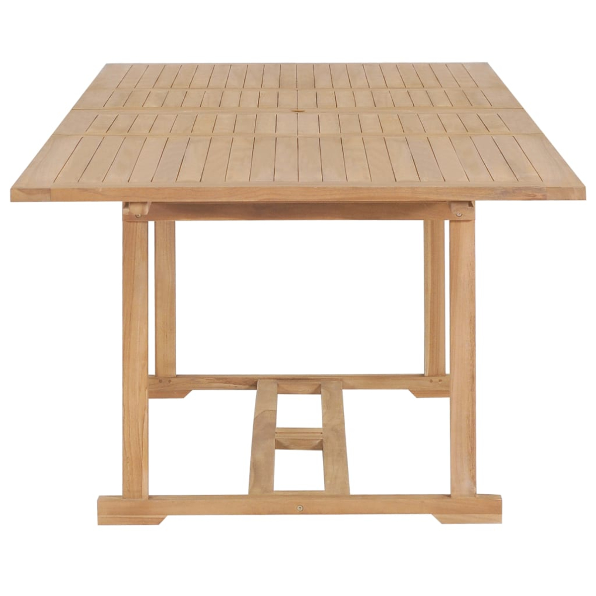 Ein Holztisch mit rechteckiger Platte, Lattenmuster und vier quadratischen Beinen.