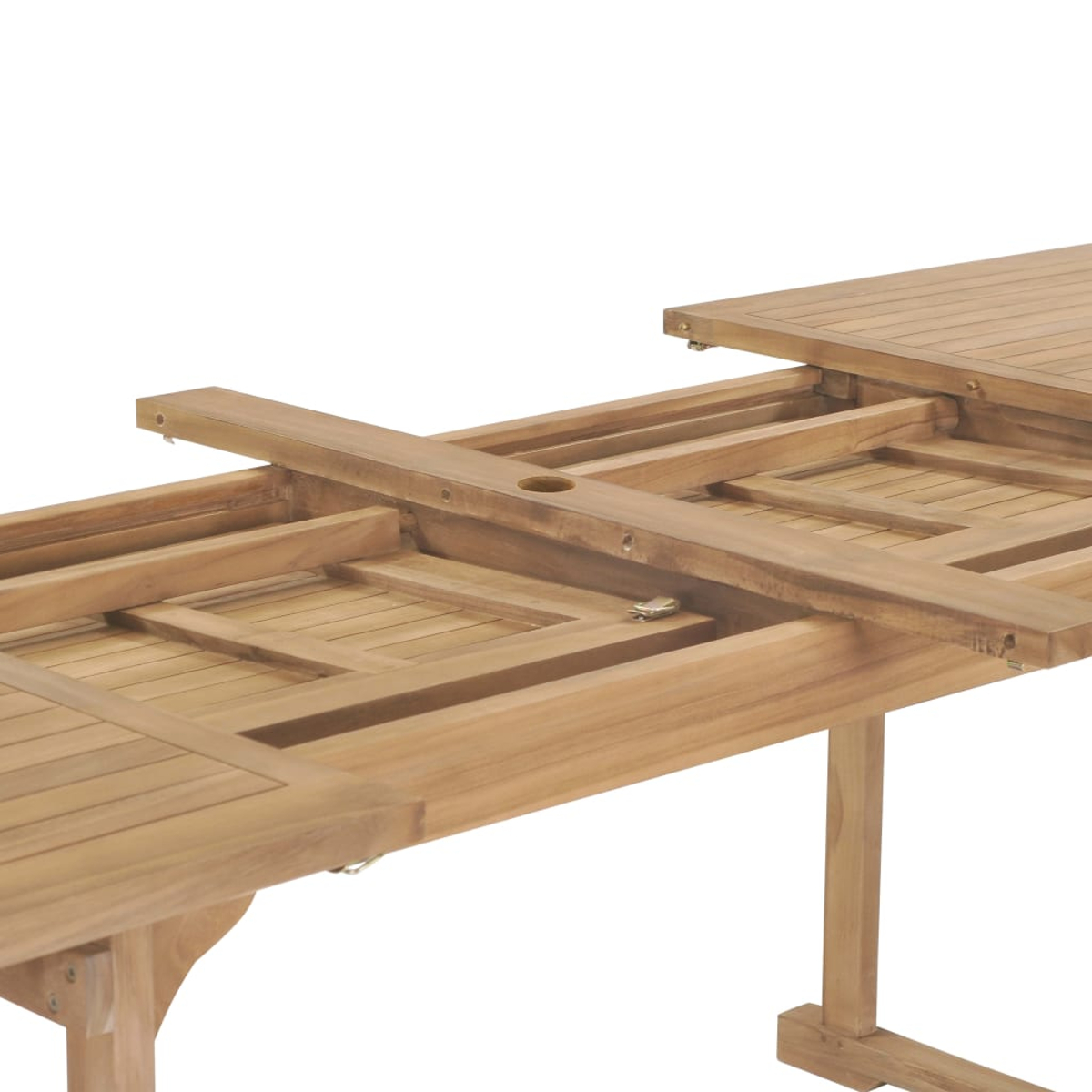 Nahaufnahme des Mechanismus des ausziehbaren Teaktisches. Holzlatten und -stützen sind sichtbar.