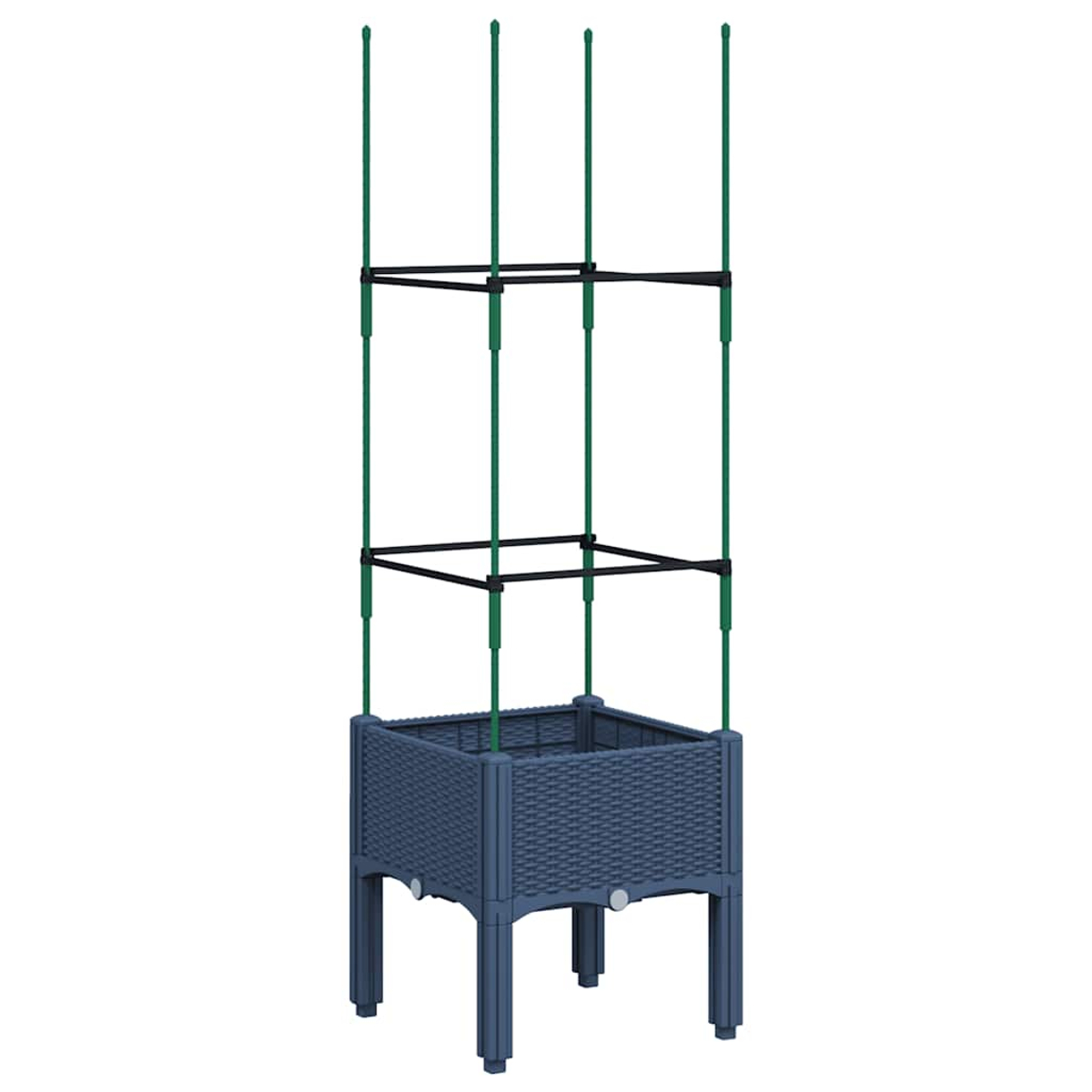 Blauer Pflanzkübel mit Spalierstütze für Kletterpflanzen.