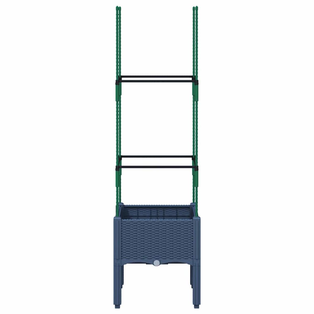 Blauer Pflanzkübel mit grünen Stangen und schwarzen Stützrahmen. Zum Klettern für Pflanzen.