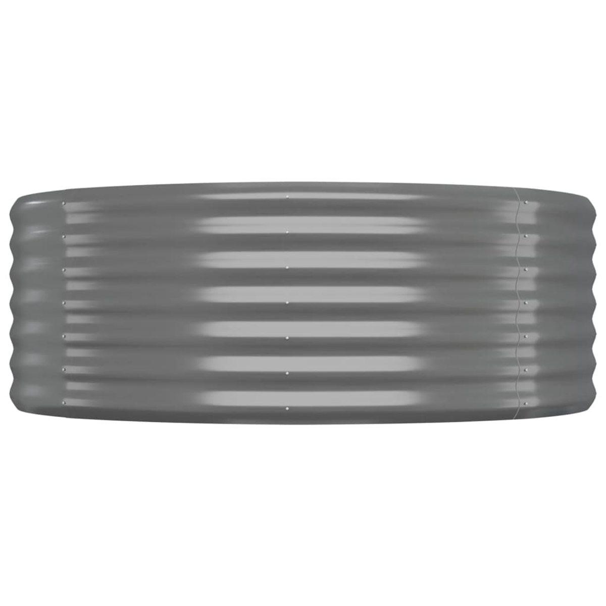 Grauer, zylindrischer Metallpflanzer mit horizontalen Rippen, auf weißem Hintergrund.