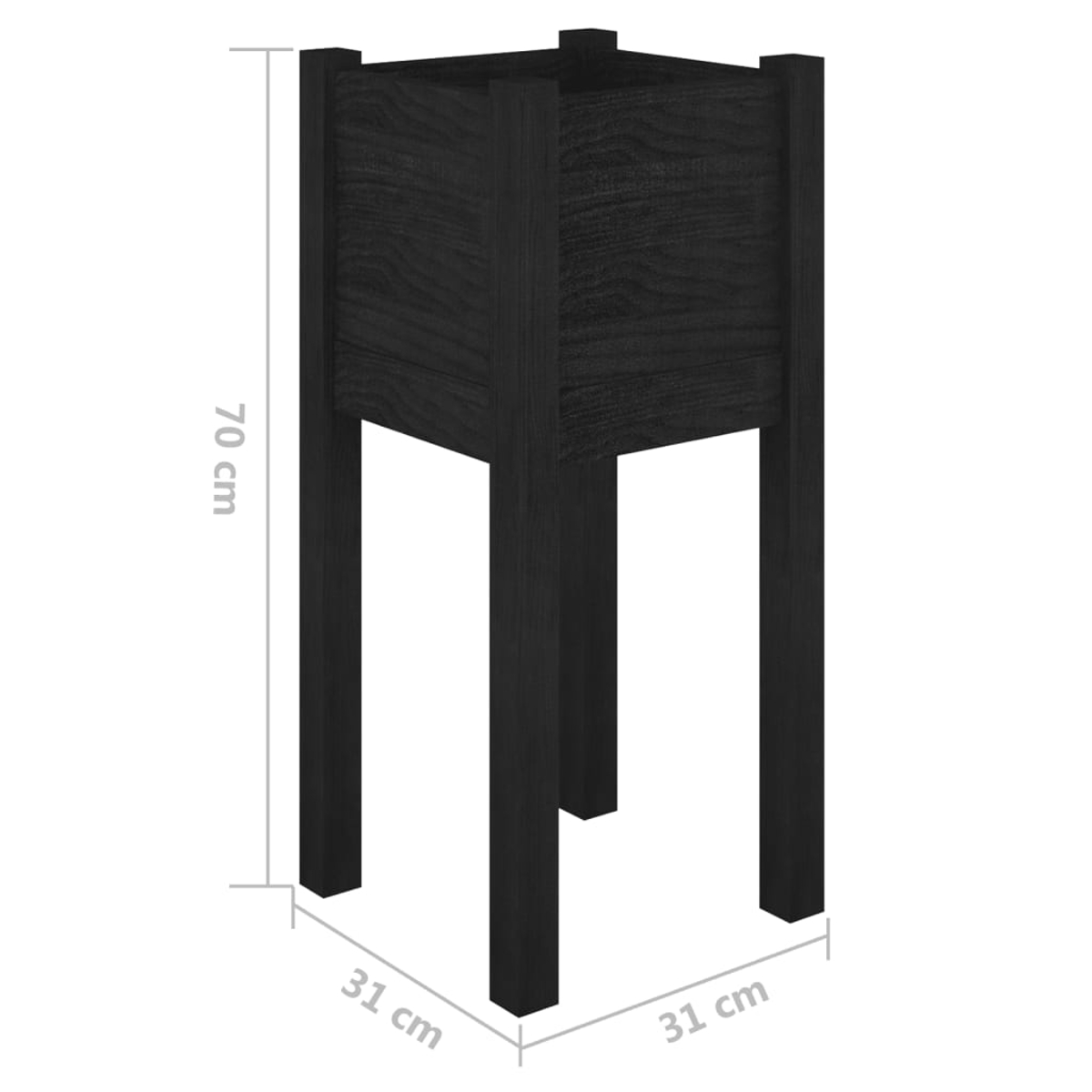 Schwarzer Holz-Pflanzer, hoch, mit Abmessungen in cm.