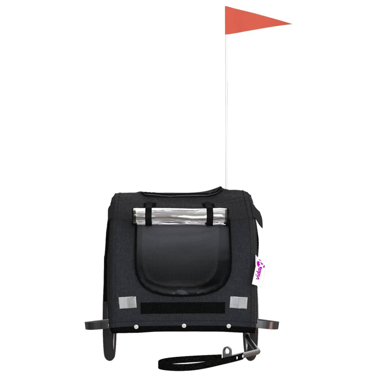 Schwarzer Fahrradanhänger mit Flagge und einem Rad, von hinten gesehen, weißer Hintergrund.