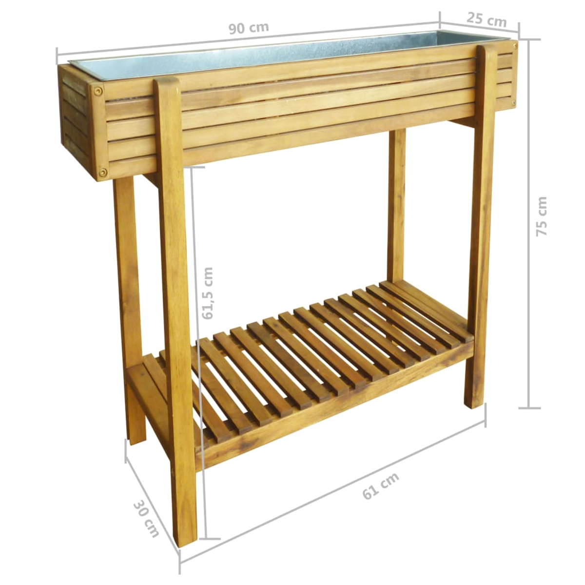 Ein Holzpflanzkasten mit Maßen. Er hat eine Metallwanne und ein Lattenregal.