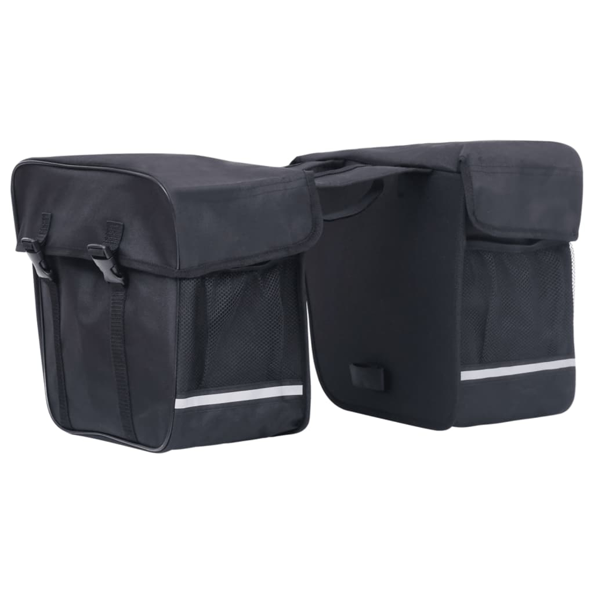 Schwarze Fahrrad-Packtaschen, zwei Seitentaschen. Netztaschen und weiße Reflexstreifen.