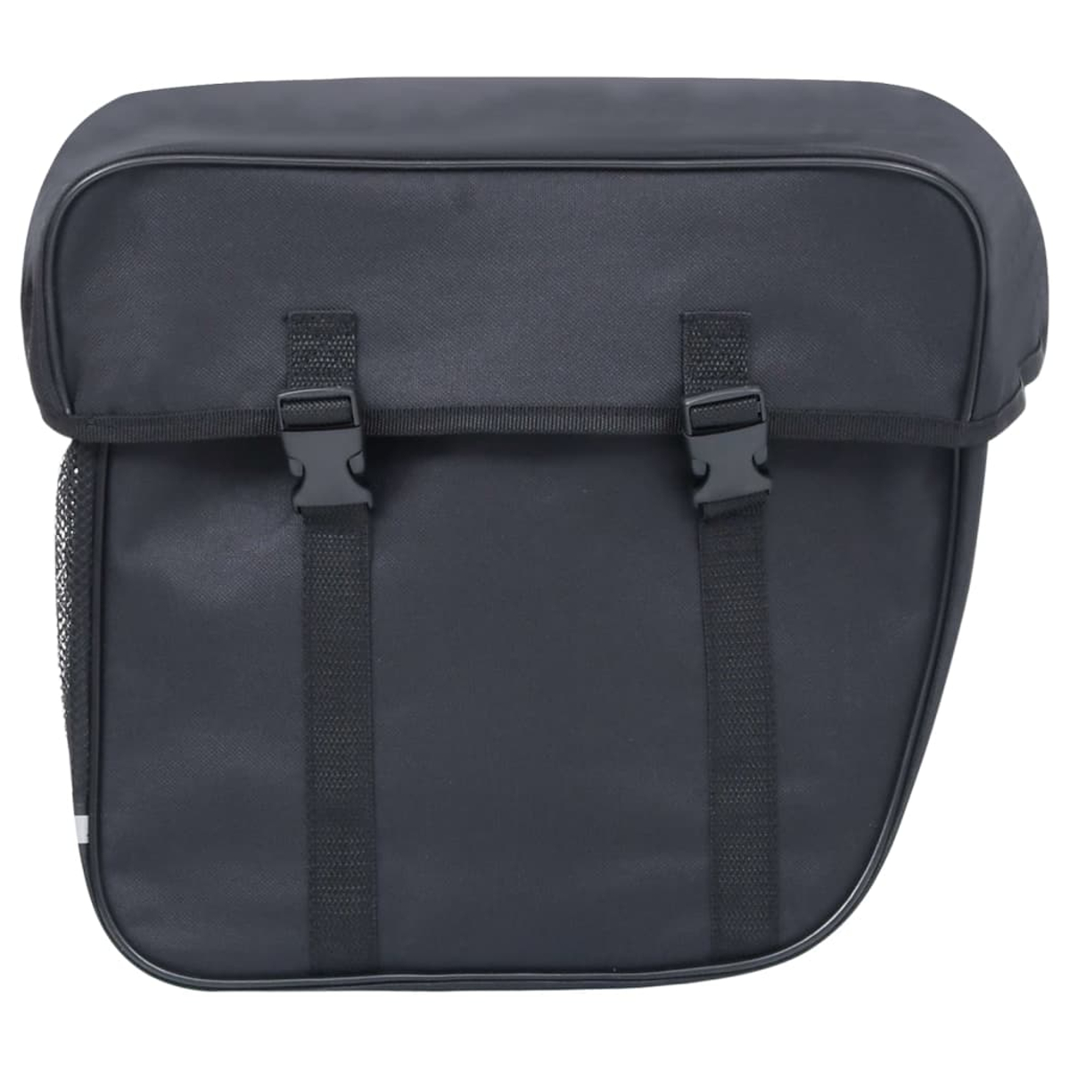 Schwarze Fahrradtasche. Zwei Riemen mit Clips sichtbar. Netztasche an der Seite.