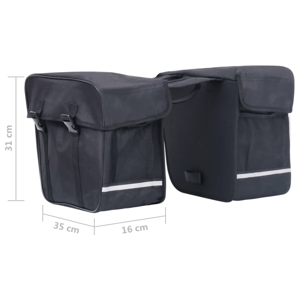 Schwarze Fahrradtaschen mit Zentimetermaßen auf weißem Hintergrund.