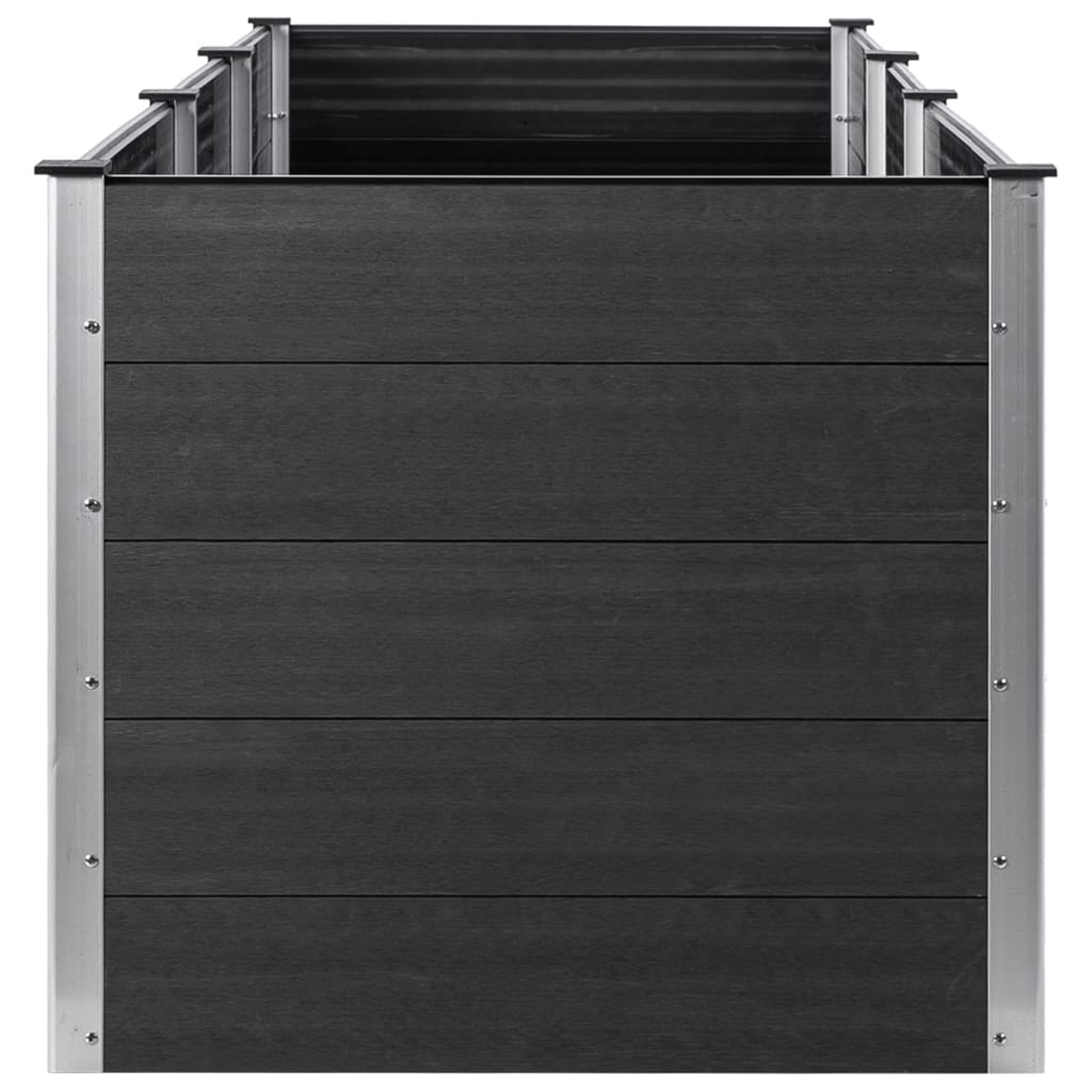 Ein schwarzes Hochbeet mit Metallkante. Das Beet hat fünf horizontale Holzbretter.