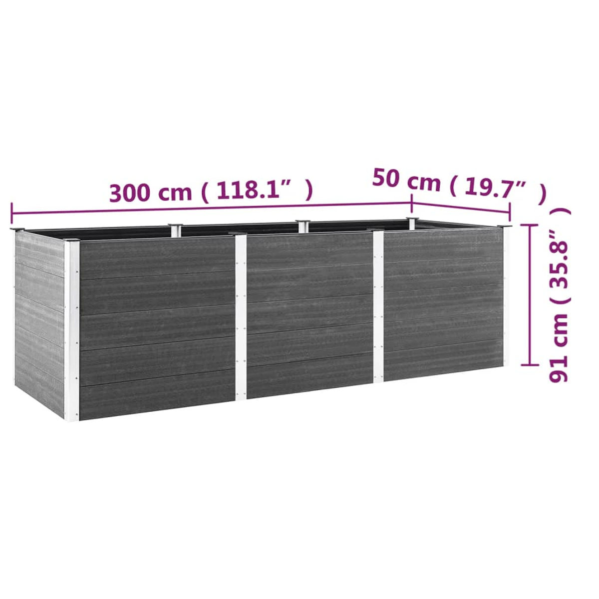 Ein langes, graues Hochbeet aus Holz. Abmessungen werden angezeigt. Das Bett ist leer.