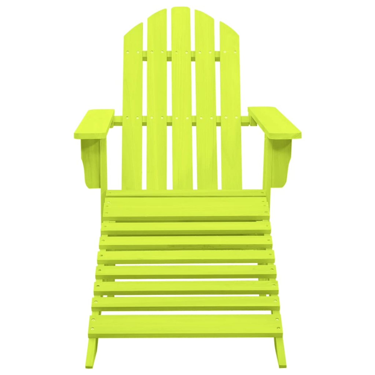 Ein hellgrüner Adirondack-Stuhl vor weißem Hintergrund. Er hat eine Lattenlehne, Sitzfläche und Armlehnen.