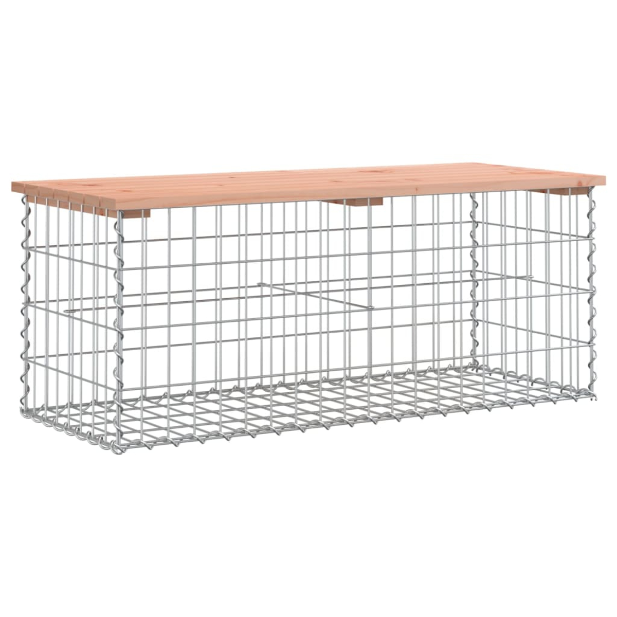 Ein rechteckiger Gabion mit Holzplatte. Die Gabion besteht aus Drahtgeflecht.