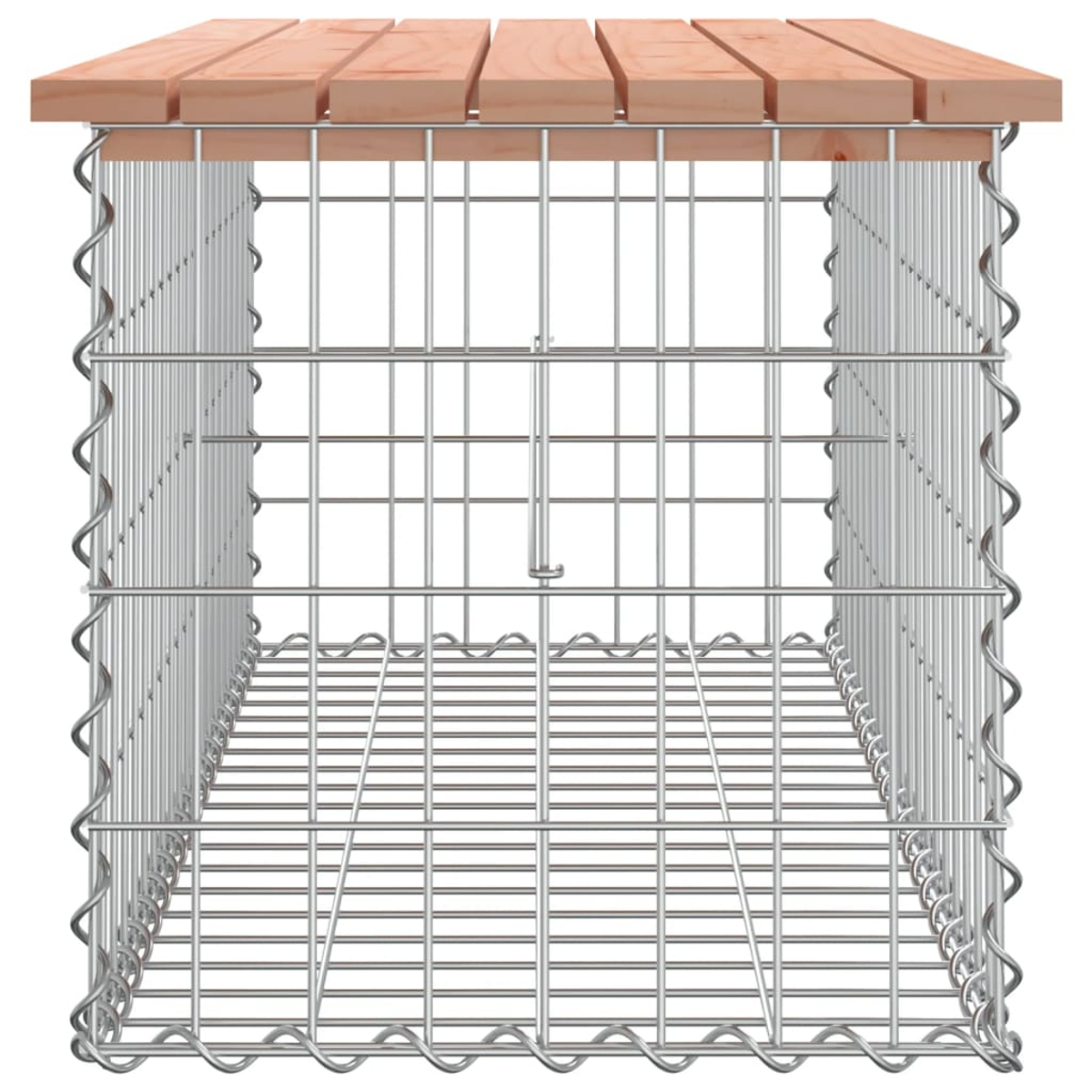 Ein Gabion aus Drahtgeflecht mit einer Holzplatte.