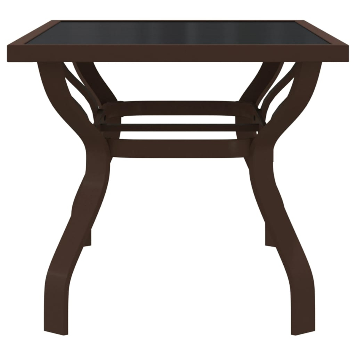 Brauner quadratischer Tisch mit schwarzer Glasplatte und geschwungenen Beinen.