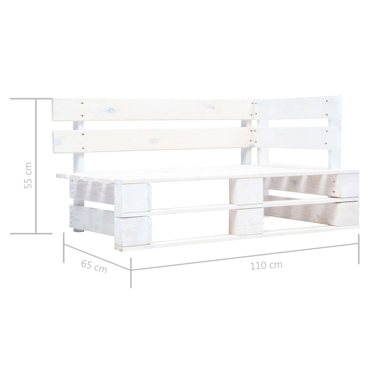 Eine weiße Holzpalettenbank mit Rückenlehne, Maße: 110 cm lang, 65 cm breit, 55 cm hoch.