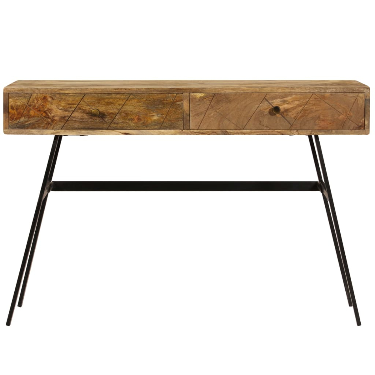 Holzschreibtisch mit schwarzen Metallbeinen. Zwei Schubladen sind sichtbar, der Tisch steht auf weißem Grund.