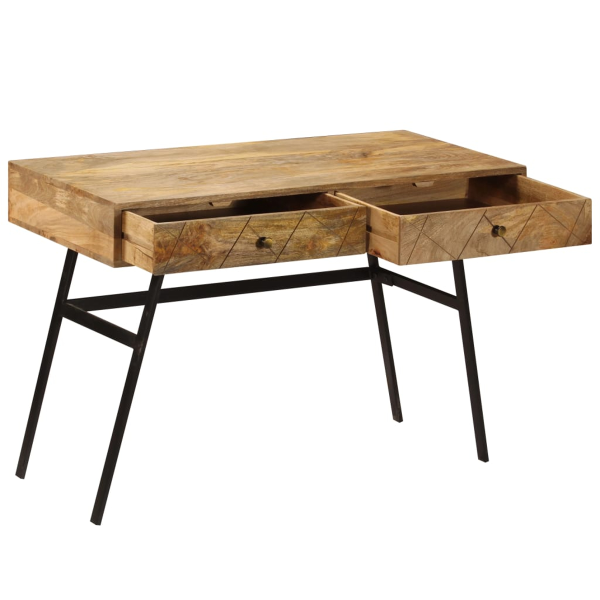 Holzschreibtisch mit zwei offenen Schubladen. Er hat schwarze Metallbeine und hellbraune Farbe. Weißer Hintergrund.