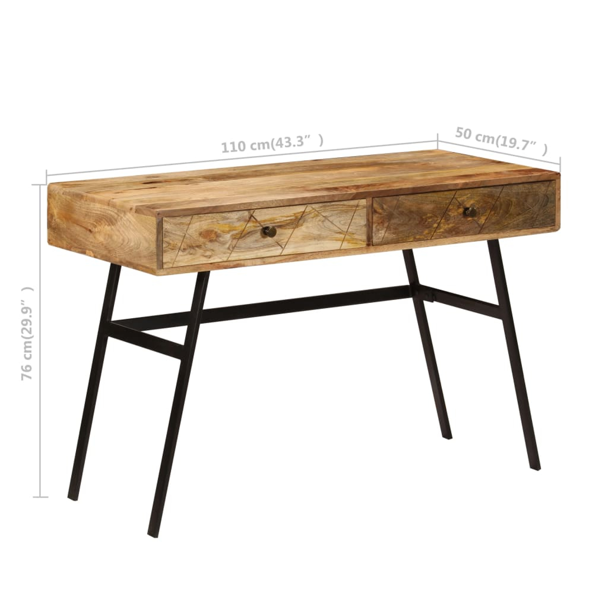 Holzschreibtisch mit Schubladen und Abmessungen. Hellbraunes Holz mit schwarzen Beinen.