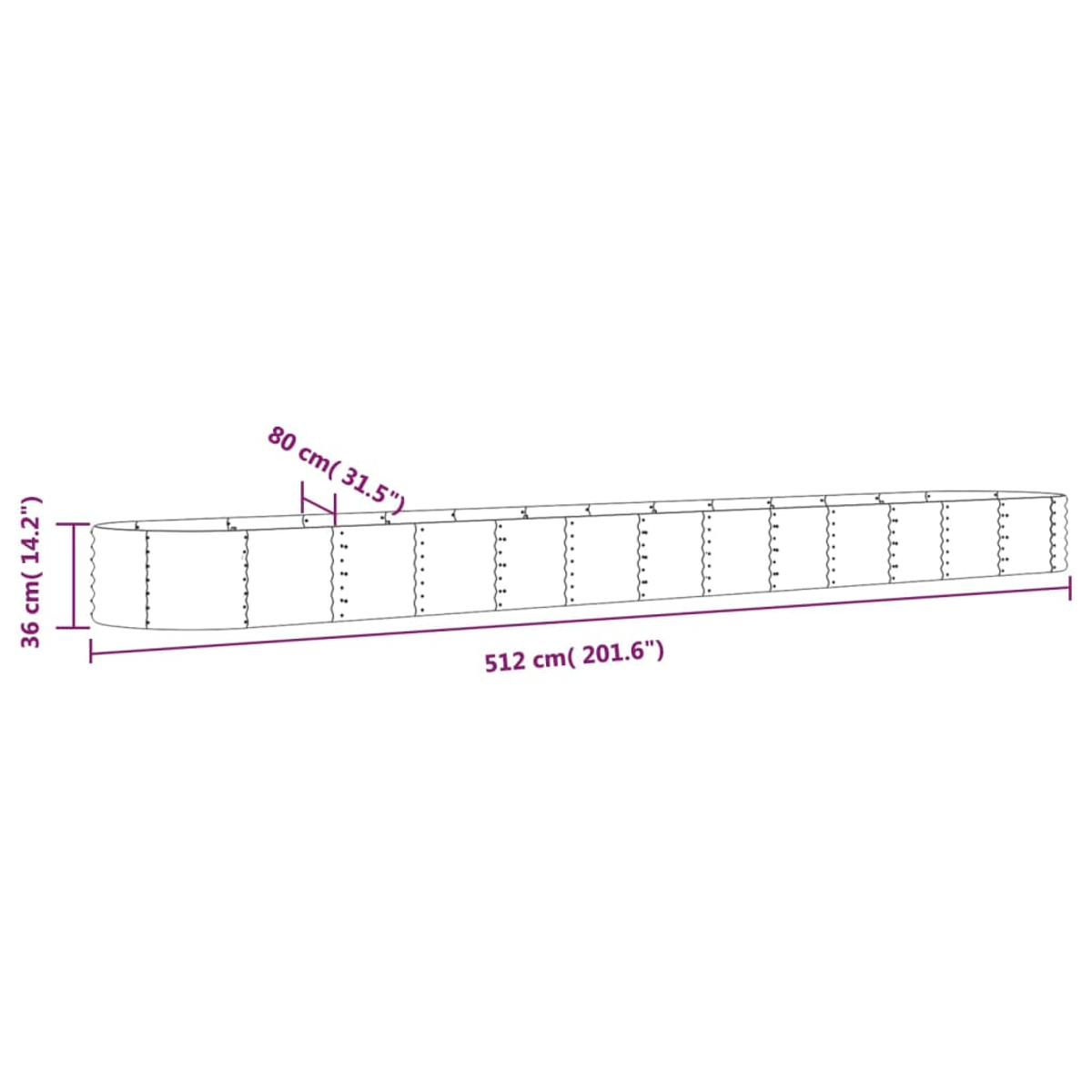 Diagramm eines langen, rechteckigen Pflanzkübels. Die Abmessungen sind in Zentimetern und Zoll angegeben.