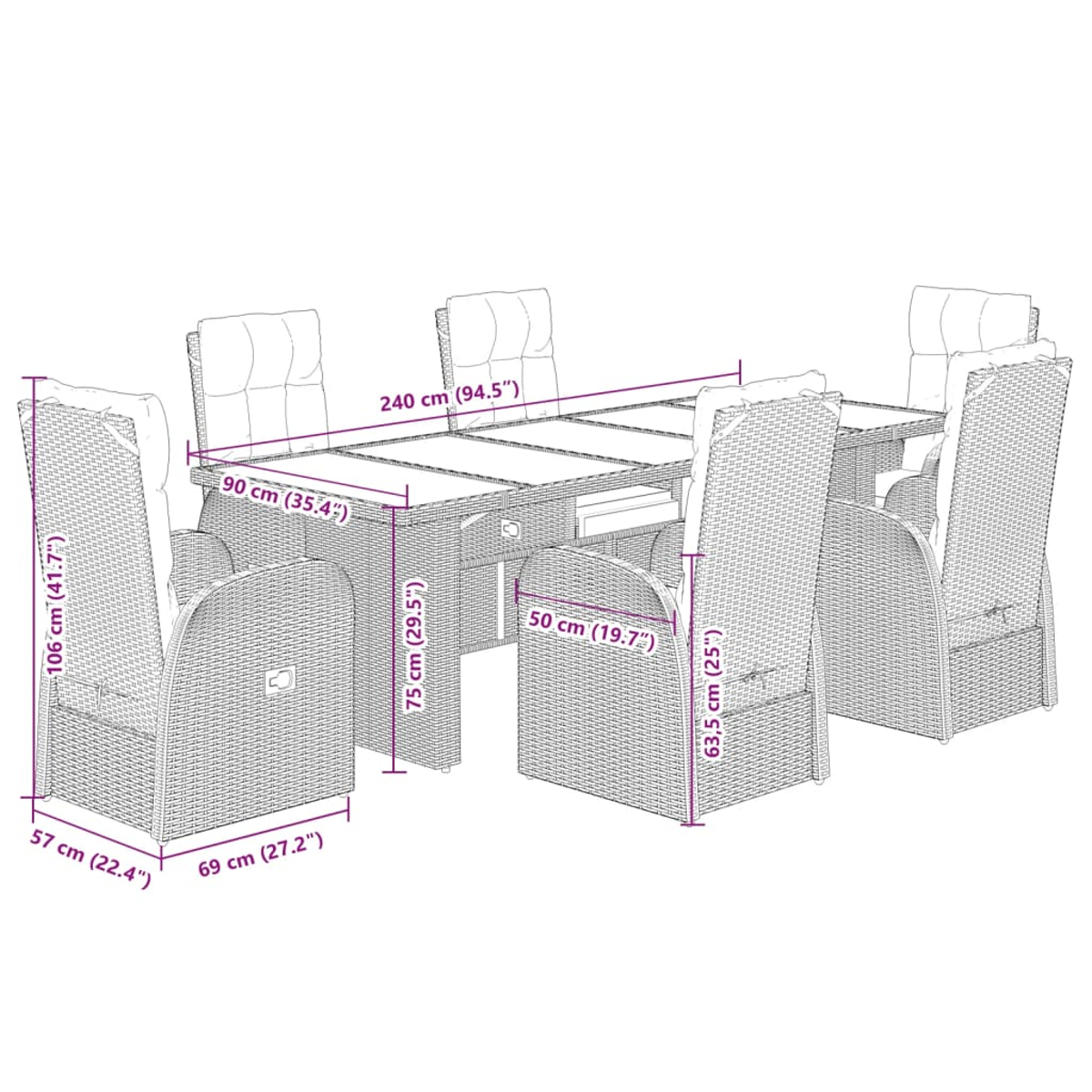 Set da pranzo da esterno in vimini con tavolo e sei sedie. Le dimensioni sono indicate sugli articoli.