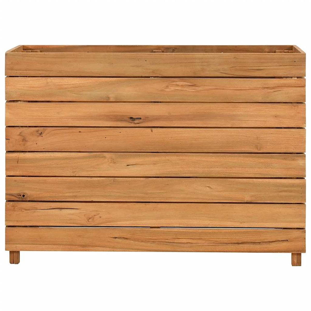 Rechteckiger Pflanzkasten aus Holz mit horizontalen Brettern, auf kleinen Beinen.