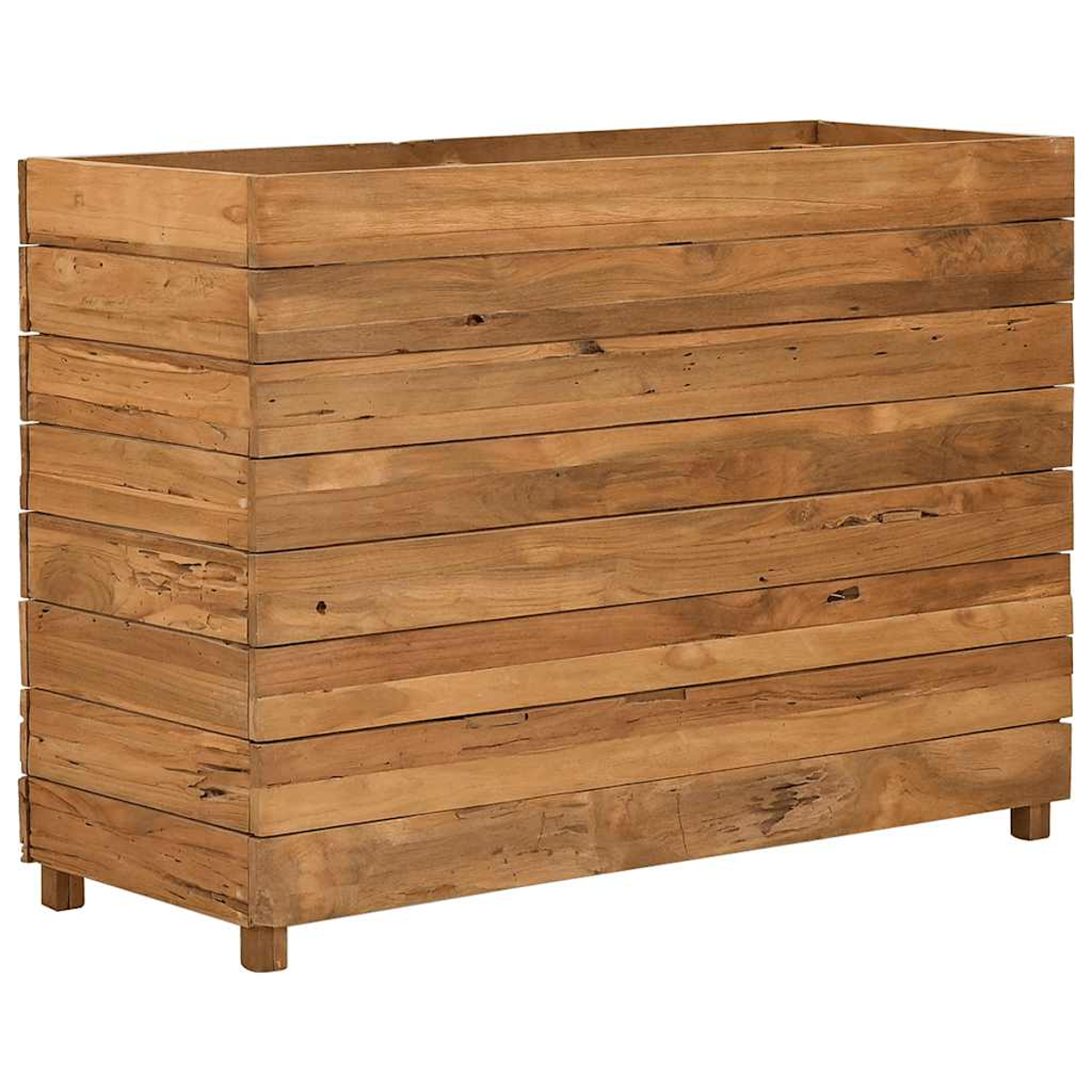 Eine rechteckige Pflanzkasten aus Holz. Er besteht aus gestapelten Holzbohlen und hat eine natürliche Oberfläche.