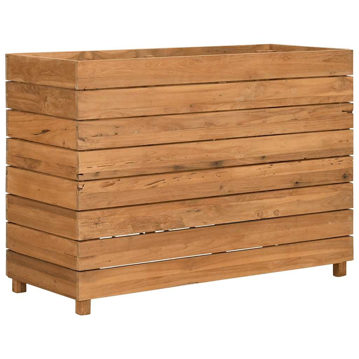 Ein rechteckiger Pflanzkasten aus Holz, hergestellt aus gestapelten Holzbohlen und mit natürlichem Finish.