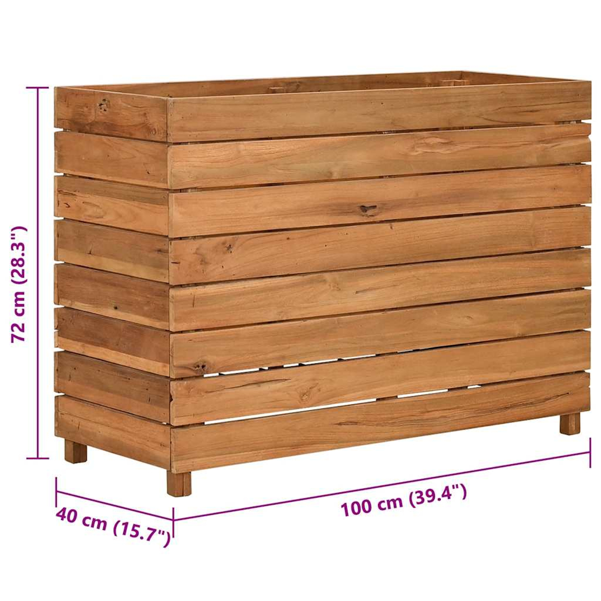 Rechteckiger Pflanzkasten aus Holz mit horizontalen Brettern, auf kleinen Beinen, Abmessungen gezeigt.
