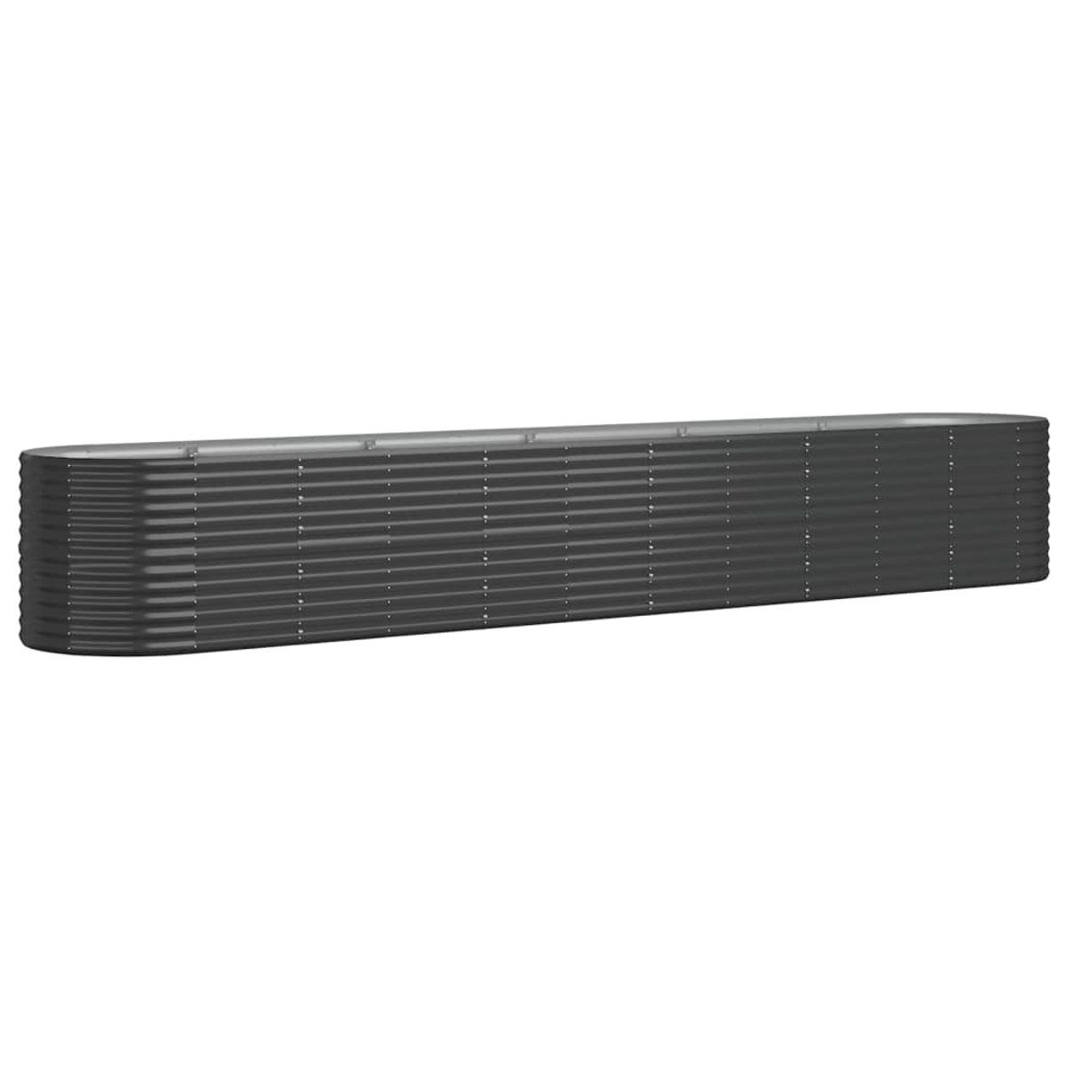 Langer, dunkelgrauer, gewellter Metallpflanzer. Es hat eine rechteckige Form.
