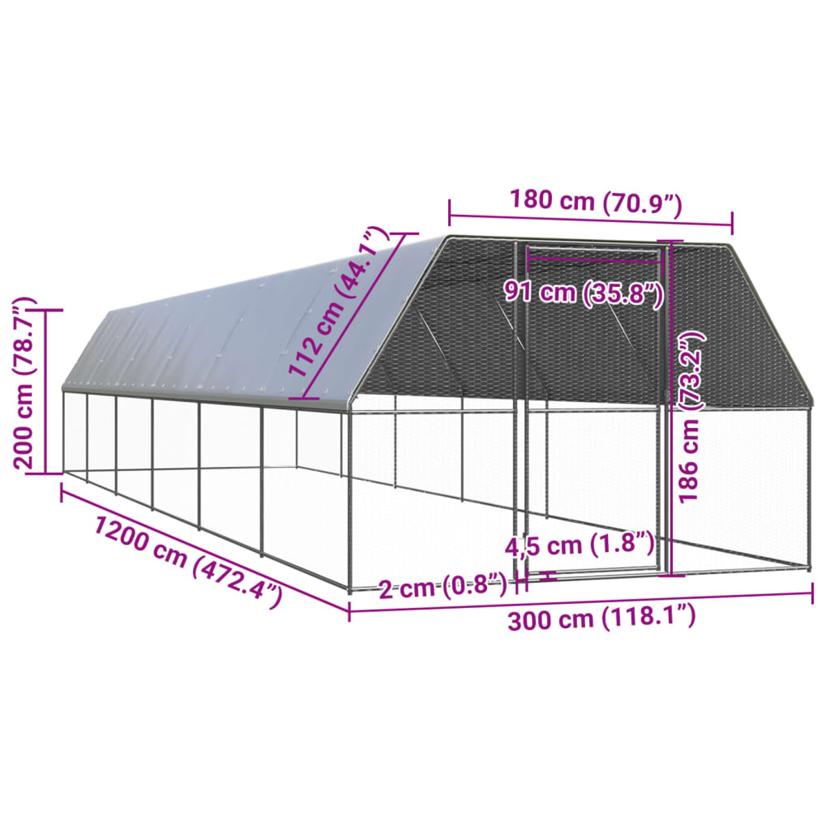 Große Metallrahmenkonstruktion mit Überdachung und Maßangaben im Diagramm.
