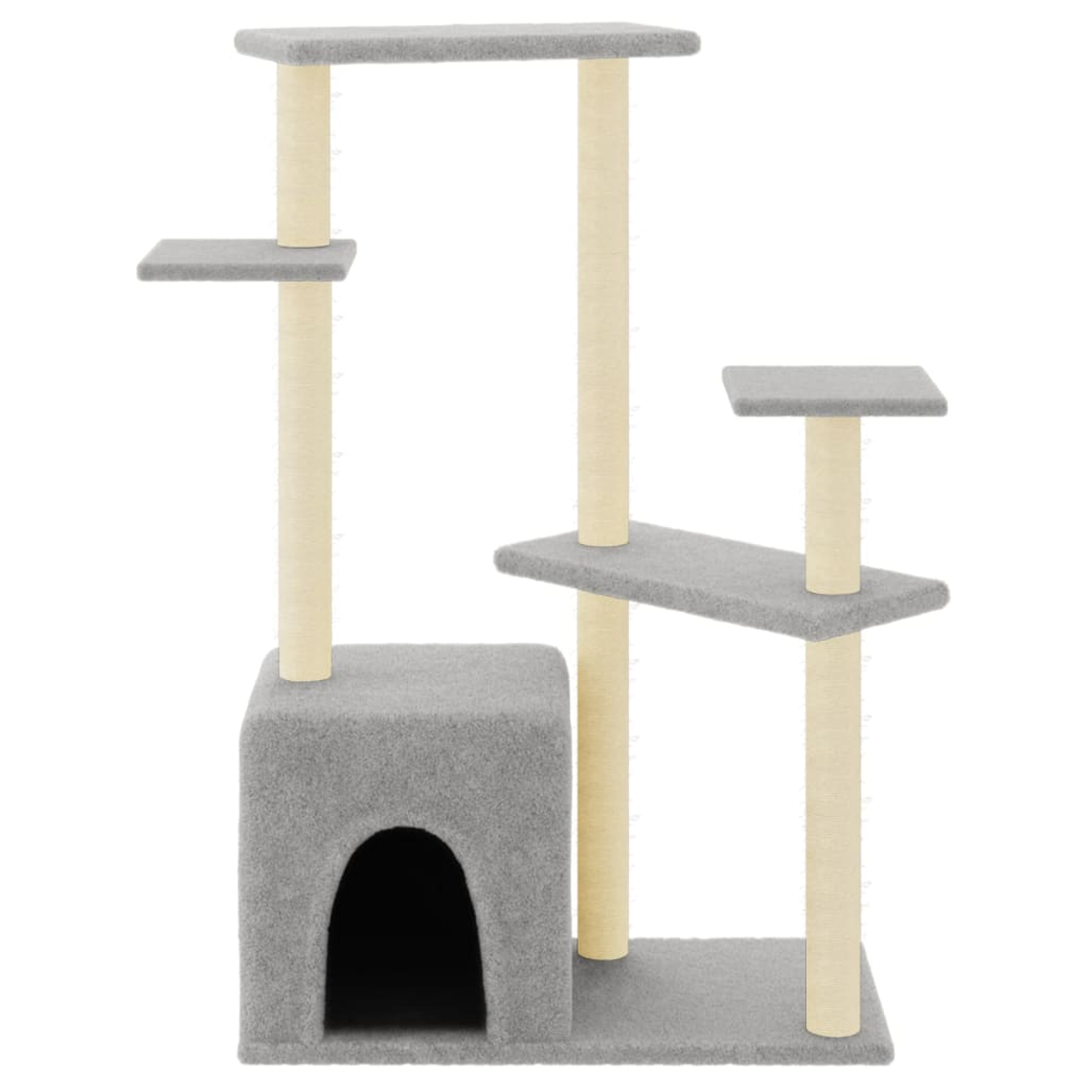 Grauer Kratzbaum mit Plattformen, einem Haus und beigen Pfosten. Es hat ein markantes, mehrstöckiges Design.