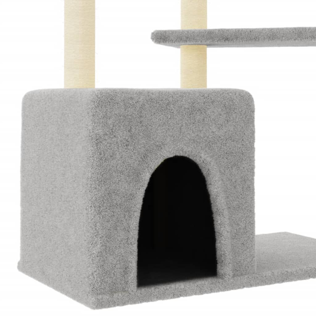 Ein grauer Katzenbaum mit Plattformen, Pfosten und einer Höhle. Beige Pfosten. Weißer Hintergrund.