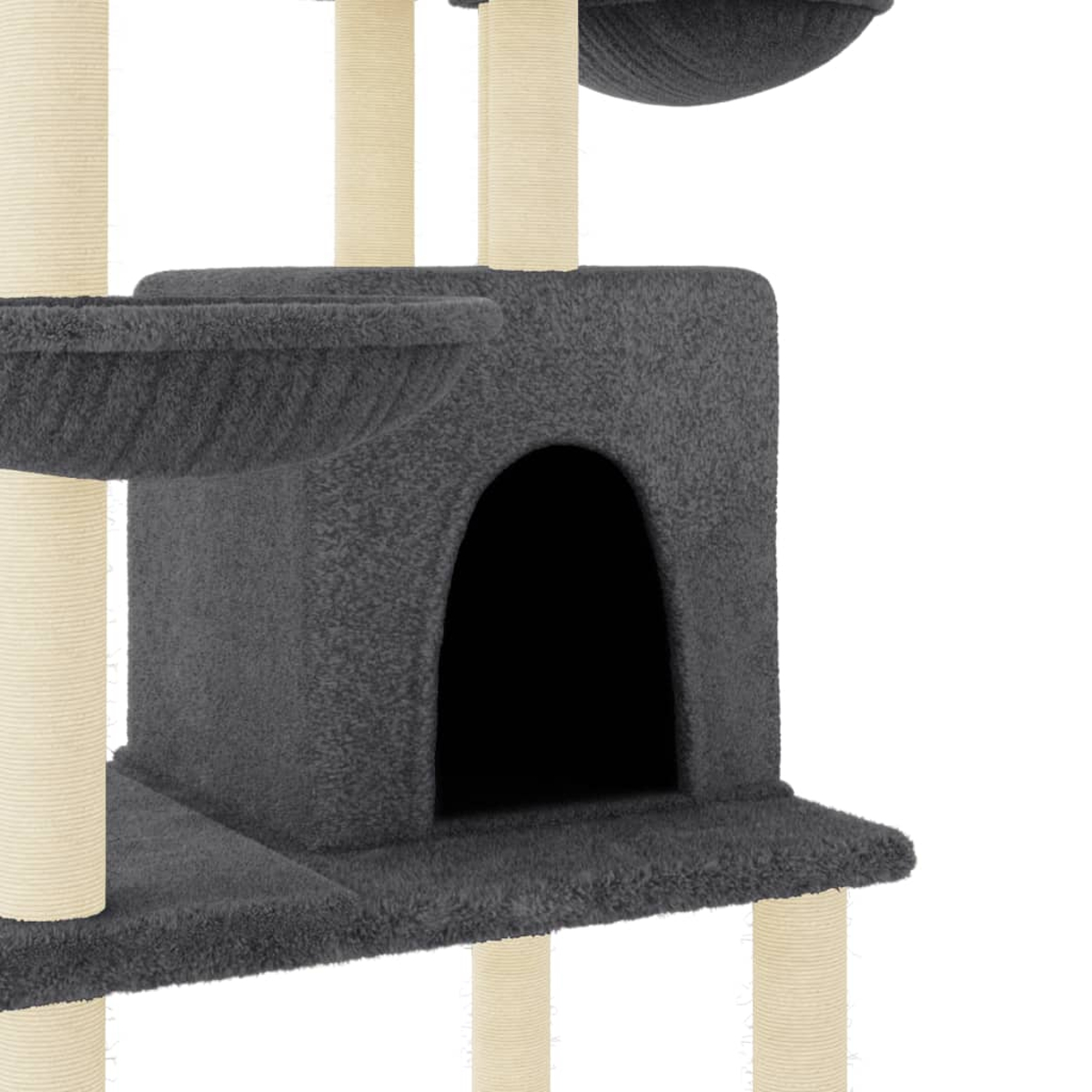 Ein grauer Katzenbaum mit mehreren Plattformen, einer Höhle und Kratzpfosten.