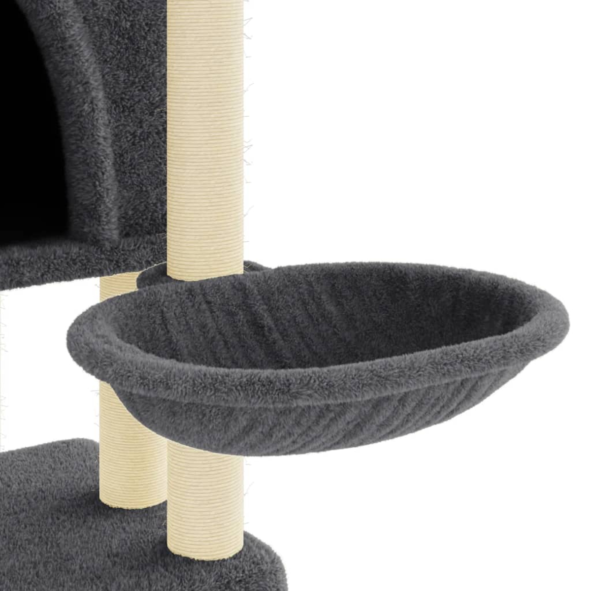 Nahaufnahme des Hängemattenbetts eines grauen Kratzbaums. Beige Pfosten stützen das Bett.