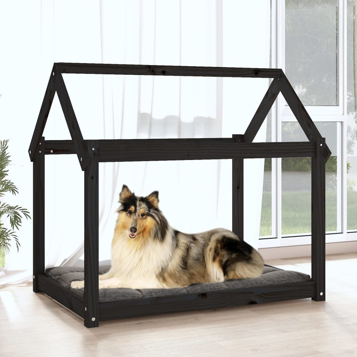 Ein Hund in einem Hundehäuschen. Das Haus ist schwarz und aus Holz. Der Hund ist ein Collie.