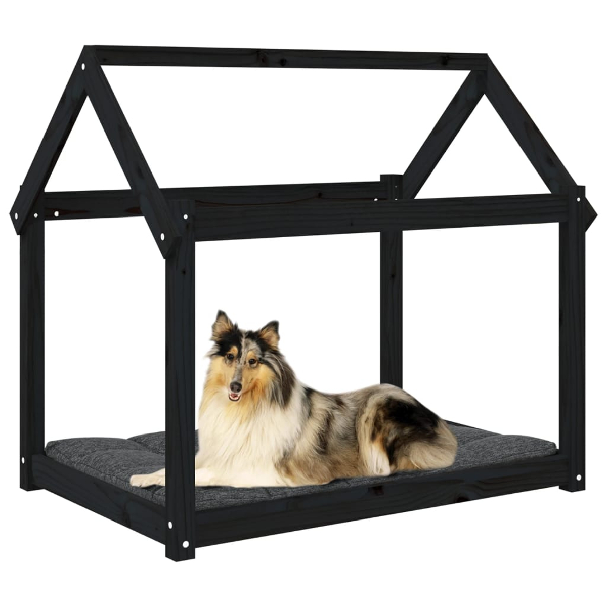 Ein Hund liegt in einem Hundehäuschen. Der Hund ist ein Collie und ruht auf einem grauen Kissen.