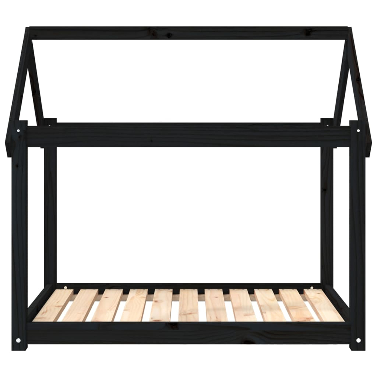 Schwarzer Bettrahmen mit hausartigem Dach. Die Basis besteht aus Holzlatten.