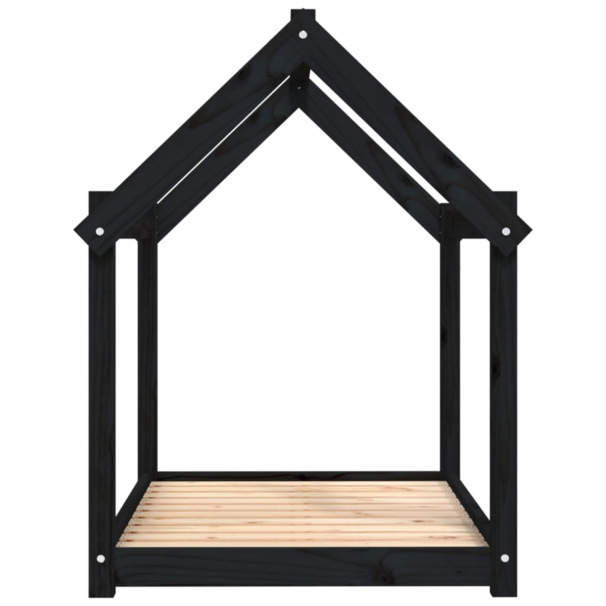 Ein schwarzer hölzerner bettfrahmen in Hausform. Es hat ein einfaches Design und einen Holzsockel.